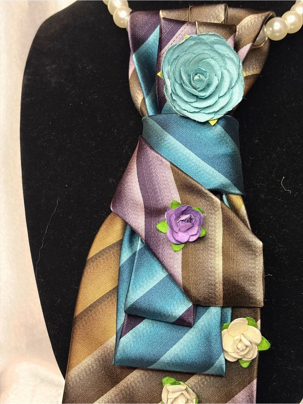 Floral Accent Satin Necktie Scarf in Teal, Purple, Blue